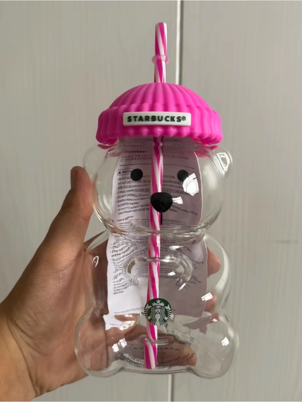 Starbucks Pink Bear-Shaped Glass Cup with Straw